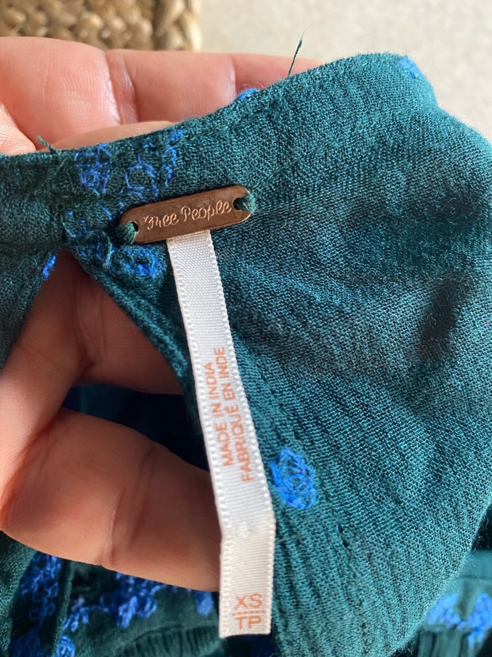 Free People Teal Top with Royal Blue Embroidery - Picture 6 of 7